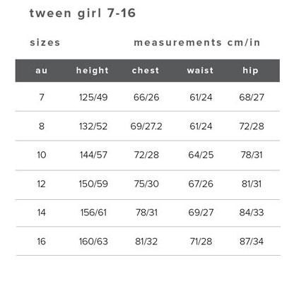 Bardot Teen Apparel Size Guide Measurements